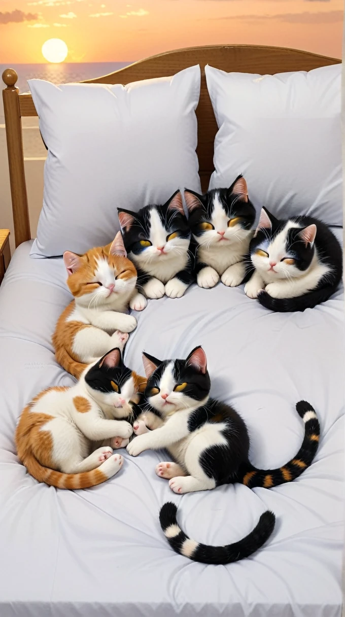 With the sunset in the background,(masterpiece:1.2, high quality), Five calico kittens sleeping together in bed、