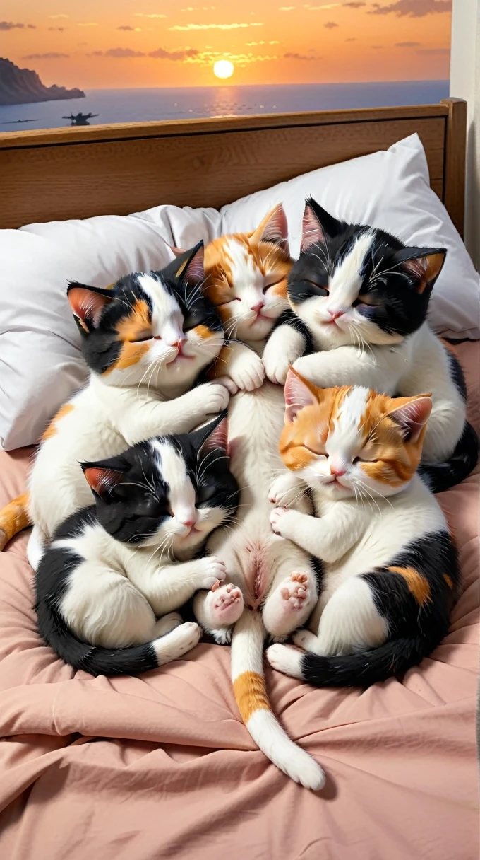 With the sunset in the background,(masterpiece:1.2, high quality), Five calico kittens sleeping together in bed、