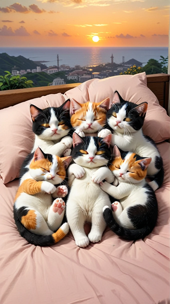 With the sunset in the background,(masterpiece:1.2, high quality), Five calico kittens sleeping together in bed、