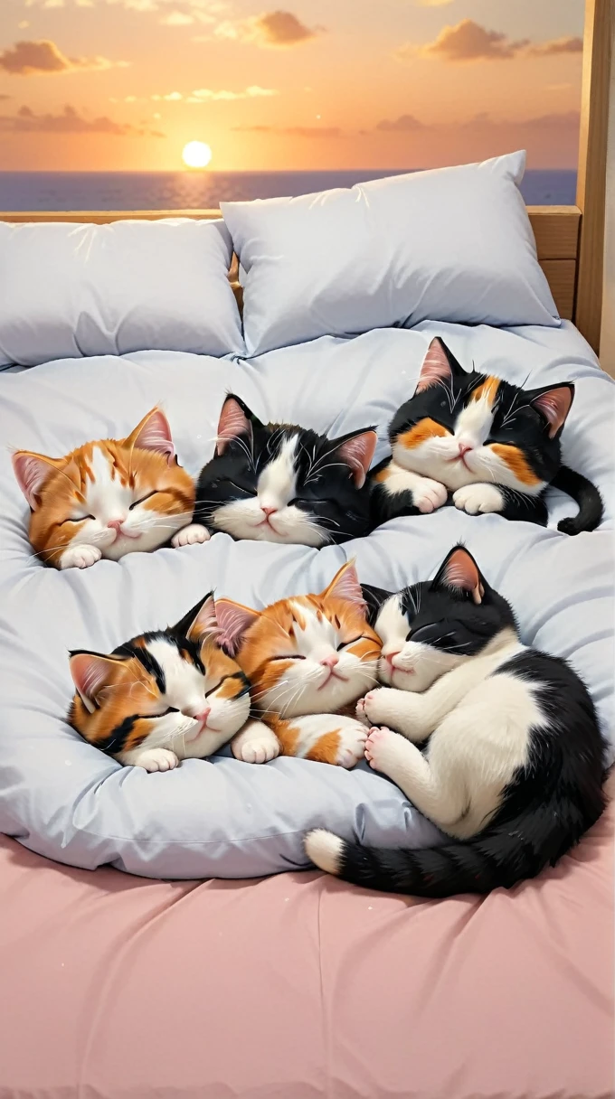 With the sunset in the background,(masterpiece:1.2, high quality), Five calico kittens sleeping together in bed、