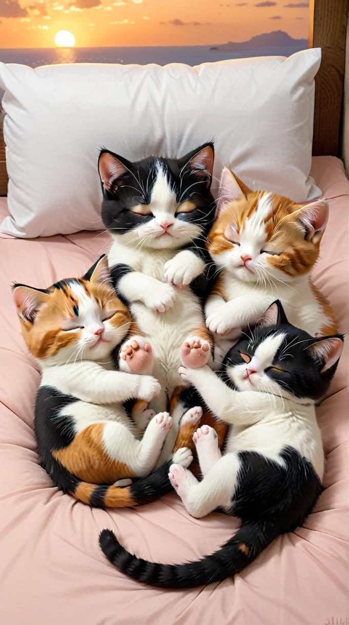 With the sunset in the background,(masterpiece:1.2, high quality), Five calico kittens sleeping together in bed、