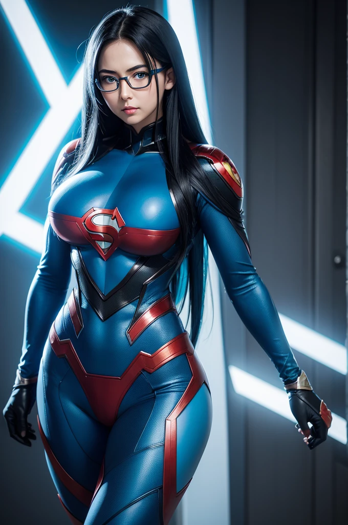 A superhero with long black hair with blue highlights and freckles