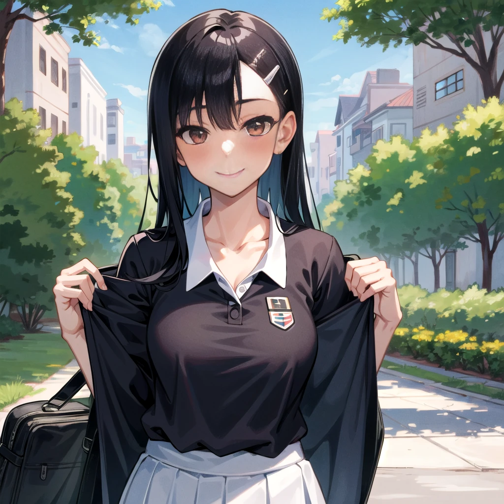 ((best quality)), ((masterpiece)), (details), one girl, sexy ((best quality)), ((masterpiece)), (details), one girl, sexy ((best quality)), ((masterpiece)), (details), one girl, full body, sexy expensive body, expensive, long legs, mature woman, mature, adult, it_nagatoro_main, Nagatoro Hayase, one girl, blushing, alone, uniform polo shirt, black hair, bag, brown eyes, hair accessory, looking at viewer, hair clip, outdoors, backpack, smiling, long hair, dark skinned woman, dark skin, , bangs, daytime, skirt, collared shirt, collarbone, ear clip, mouth closed, tree, asymmetrical bangs, upper body