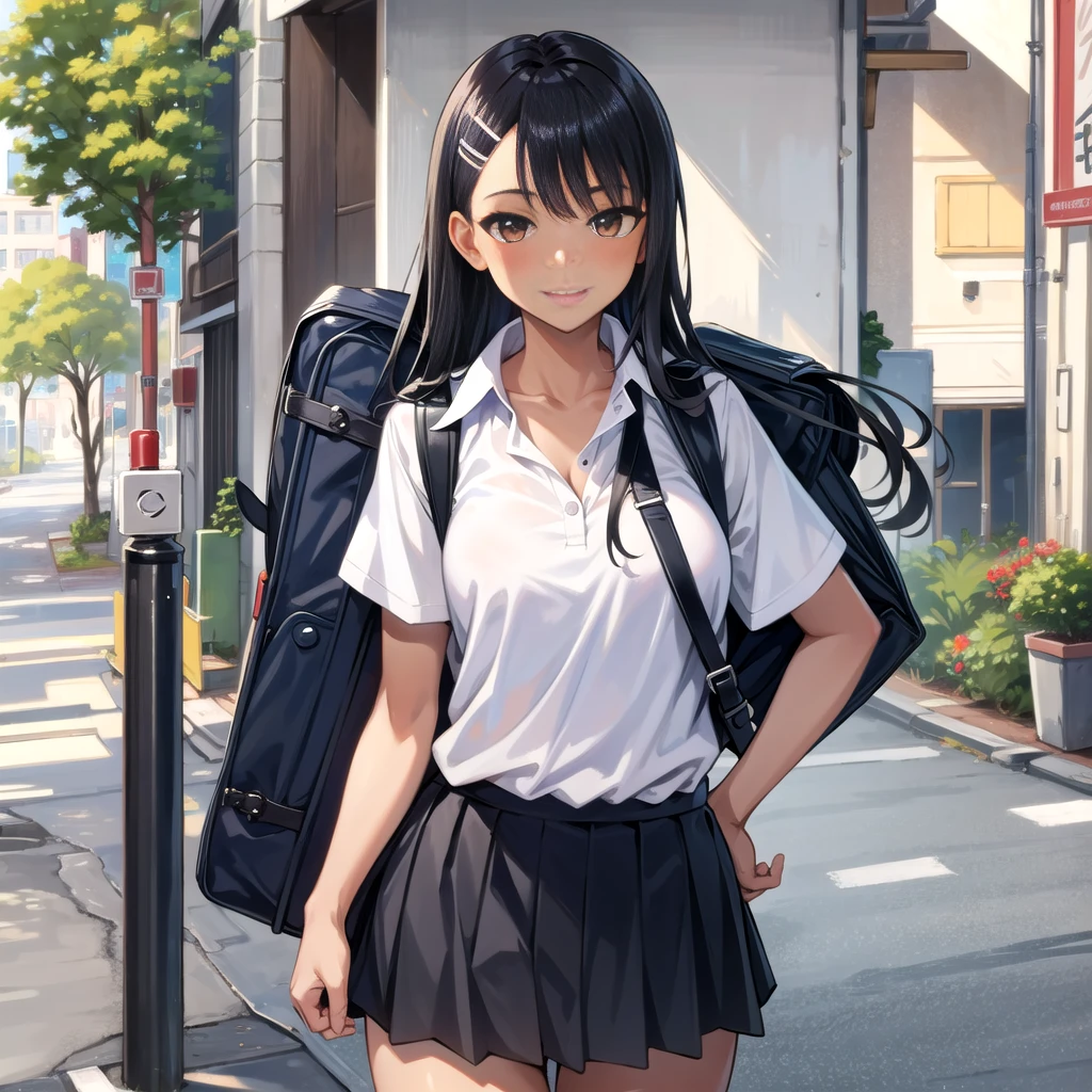 ((best quality)), ((masterpiece)), (details), one girl, sexy ((best quality)), ((masterpiece)), (details), one girl, sexy ((best quality)), ((masterpiece)), (details), one girl, full body, sexy expensive body, expensive, long legs, mature woman, mature, adult, it_nagatoro_main, Nagatoro Hayase, one girl, blushing, alone, uniform polo shirt, black hair, bag, brown eyes, hair accessory, looking at viewer, hair clip, outdoors, backpack, smiling, long hair, dark skinned woman, dark skin, , bangs, daytime, skirt, collared shirt, collarbone, ear clip, mouth closed, tree, asymmetrical bangs, upper body