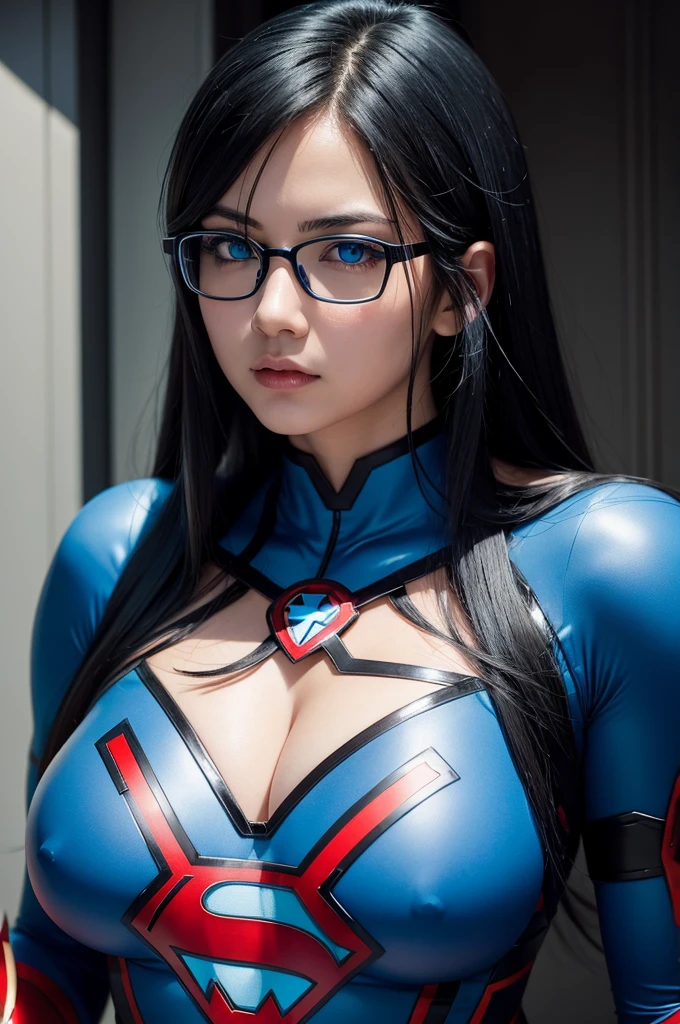 アニメ,  with big breasts Black hair with blue tips Blue eyes Wearing glasses With a tight superhero outfit 