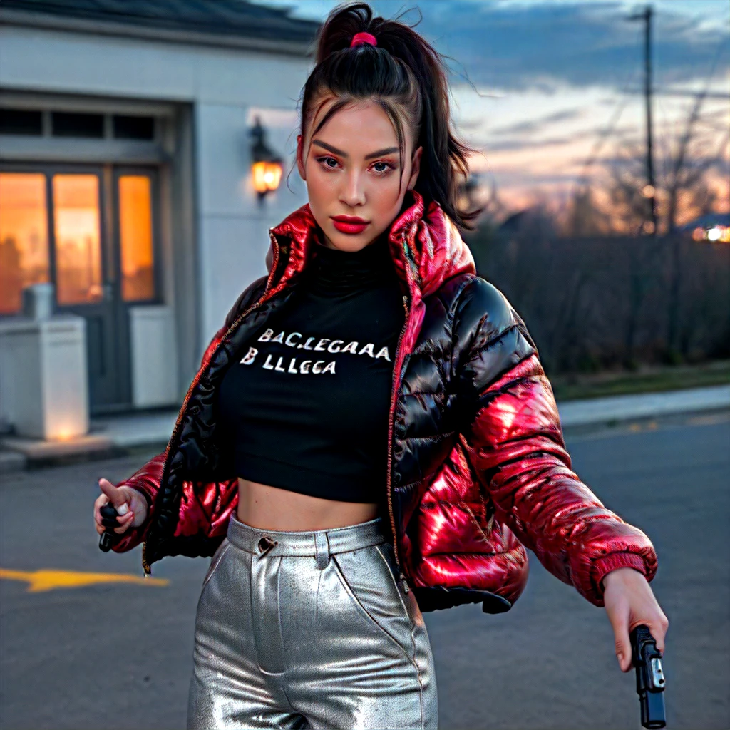 Creates a hyper realis image of a ((full body woman)) with perfect facial features, combed details in high definition, with nice expression, wearing ((Balenciaga puffer oversized style jacket:1.3 detailed red)) (((vivid color metallic reflective)), (playing gracefully with a pistol:1.4) in front of the camera with excellent lighting, hyper realistic natural landscape realistic colors of a suburban neiborhood, best quality, top quality, masterpiece, imaging, high resolution photography camera 100mm lens