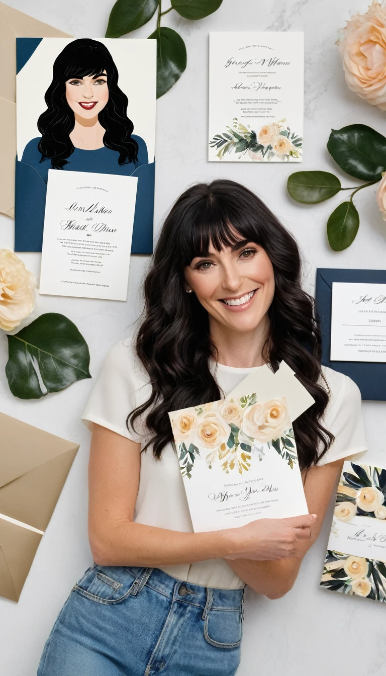 A white woman with long, black, wavy hair and short bangs. She creates custom invitations and stationery for weddings. She offers this service to couples who want a personalized wedding. She is holding and showing different models of invitations, envelopes and wedding related things.