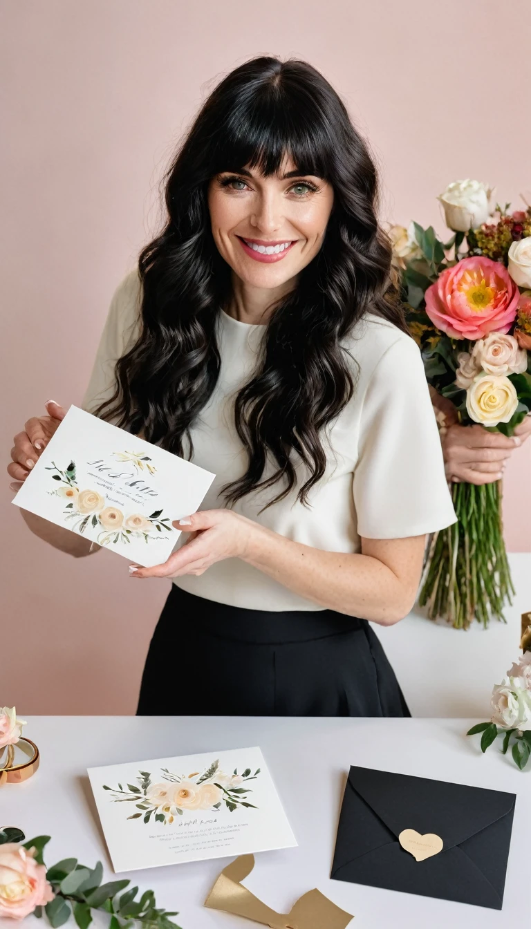 A white woman with long, black, wavy hair and short bangs. She creates custom invitations and stationery for weddings. She offers this service to couples who want a personalized wedding. She is holding and showing different models of invitations, envelopes and wedding related things.