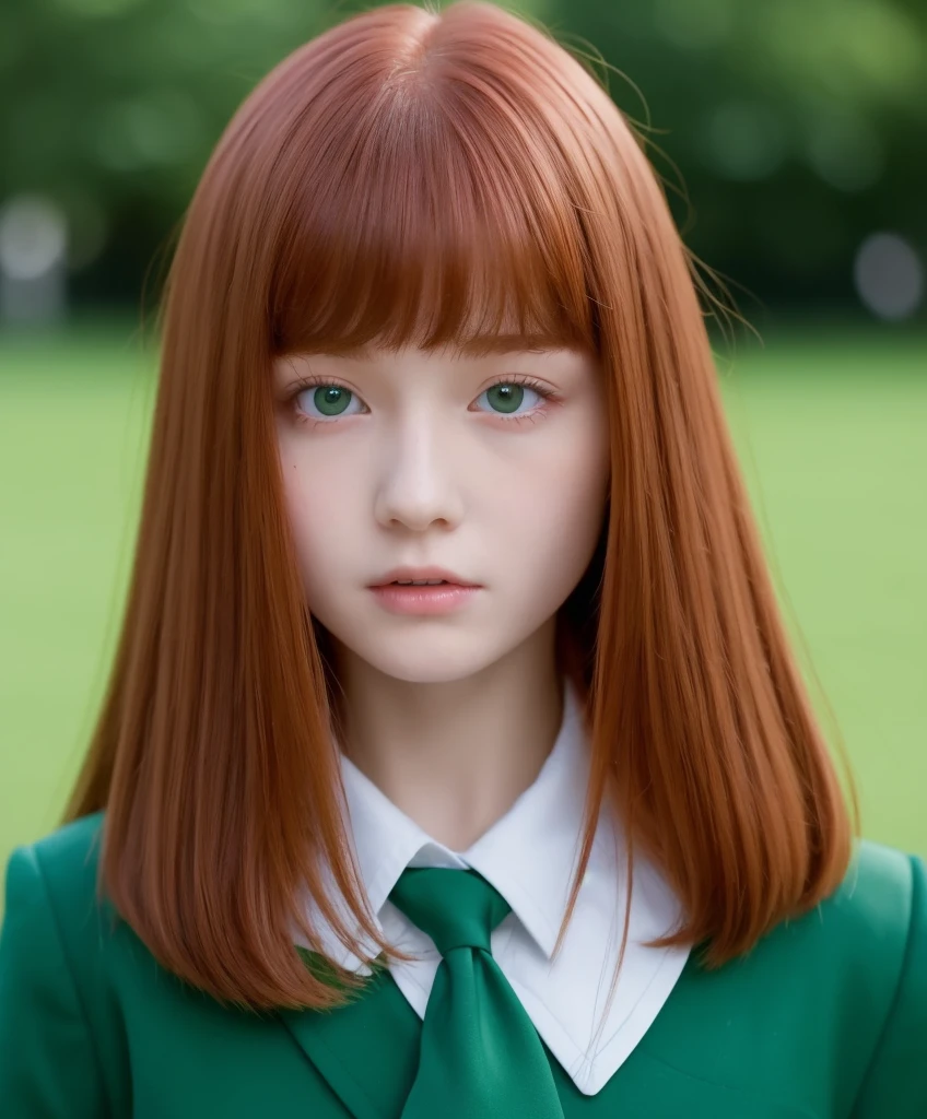 Pale redhead teen girl,natural red hair with bangs medium soft silky hair, intimidating green eyes, taking a close-up of the school with green uniform