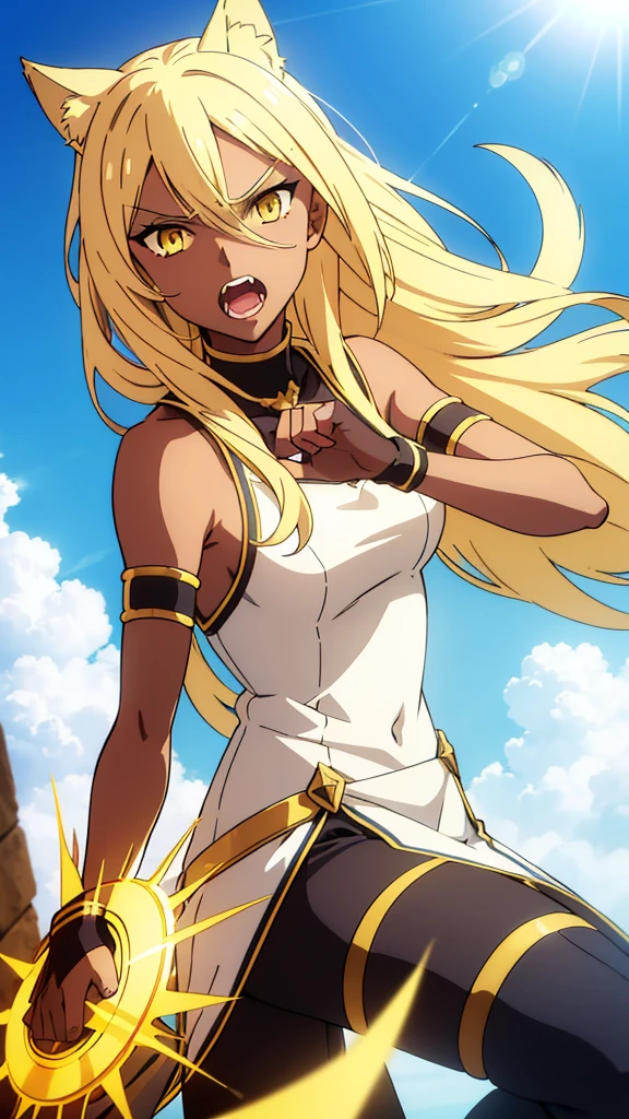 (1girl ,solo,20s,mature female),blonde hair,long hair,cat ears,yellow eyes,(((dark skin))),(Egypt, blue sky, sun),white egypt oufit,bare shoulders,upper body