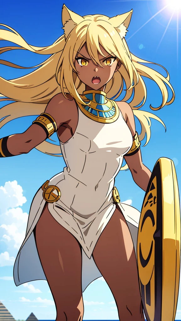 (1girl ,solo,20s,mature female),blonde hair,long hair,cat ears,yellow eyes,(((dark skin))),(Egypt, blue sky, sun),white egypt oufit,bare shoulders,looking at view,angry,open mouth, battle, battle pose, holding a shield