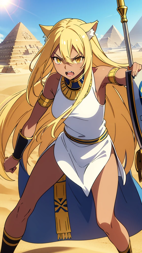 (1girl ,solo,20s,mature female),blonde hair,long hair,cat ears,yellow eyes,(((dark skin))),(Egypt, blue sky, sun),white egypt oufit,bare shoulders,looking at view,angry,open mouth, battle, battle pose, holding a shield