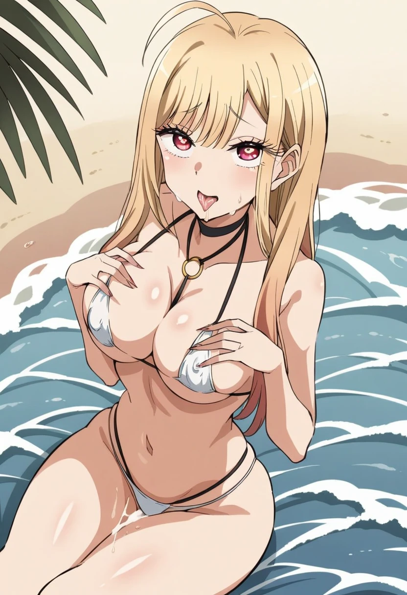 (anime art style:0.1), 2d, masterpiece, best quality, (very aesthetic:1.5), absurdres, dynamic shadows, atmosferic, (kitagawa marin), (1girl), ((blonde hair)), long hair, (red eyes), sparkle eyes, detailed eyes, eyelashes, ahoge, hair between eyes, bangs, medium breasts, cleavage, navel, (curvy body), big thighs, ((ahegao)), tongue, ((saliva)), micro bikini, o-ring bikini, covered nipples, white bikini, ((cowboy shot)), looking at viewer, wariza, sitting, spread legs, ((hands on own breasts)), ((cum)), (from above), beach, sea, palmeras