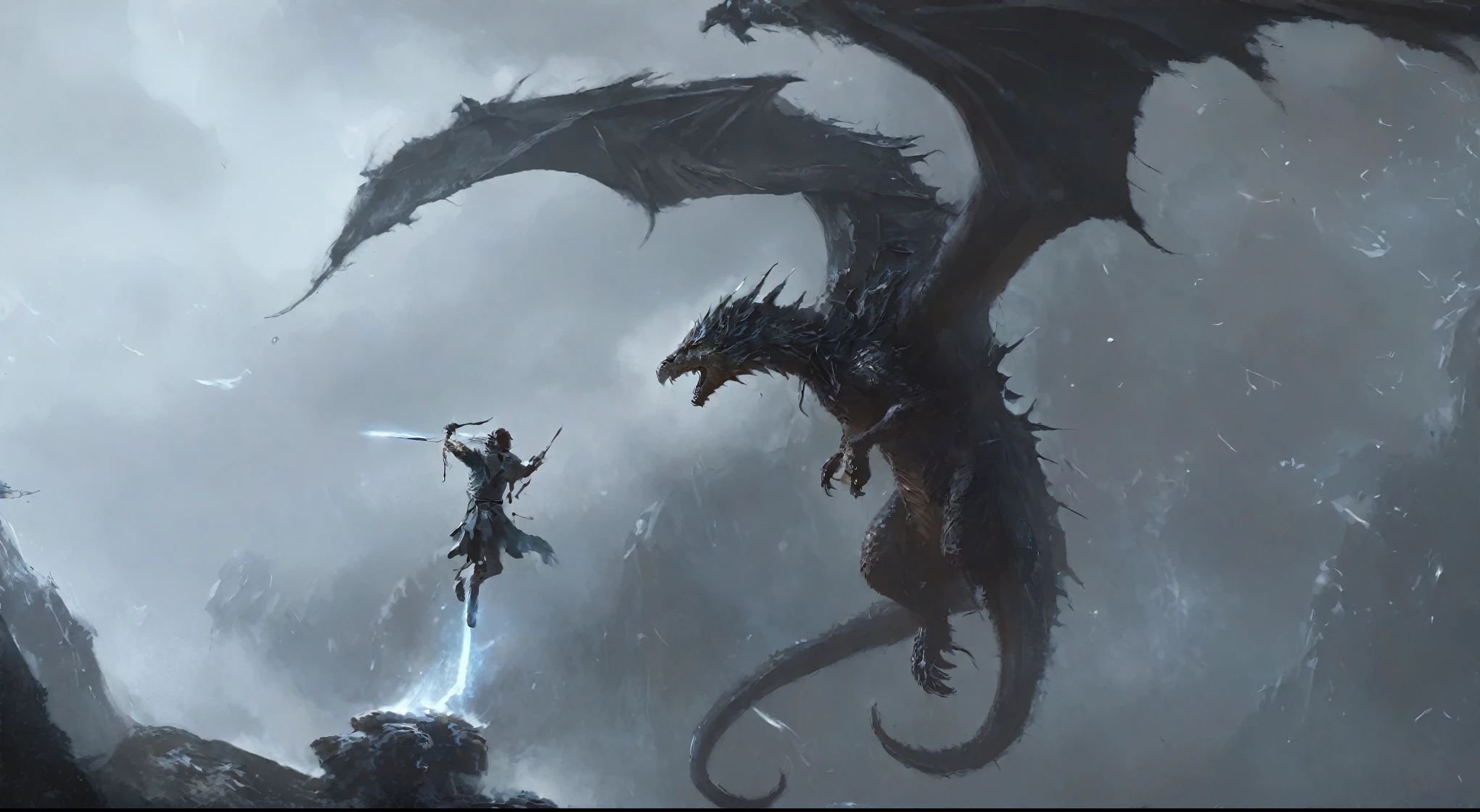 There is a warrior，There is a dragon next to it, Fight dragons, Fight dragons, Skyrim Art, epic elder scrolls art, Dragon in the background, epic fantasy illustration, elder scrolls art, Epic Fantasy Artwork, 4K fantasy art, Dragon flying in the background, Alduin, Epic fantasy digital art style, Ominous fantasy illustration, epic dragon