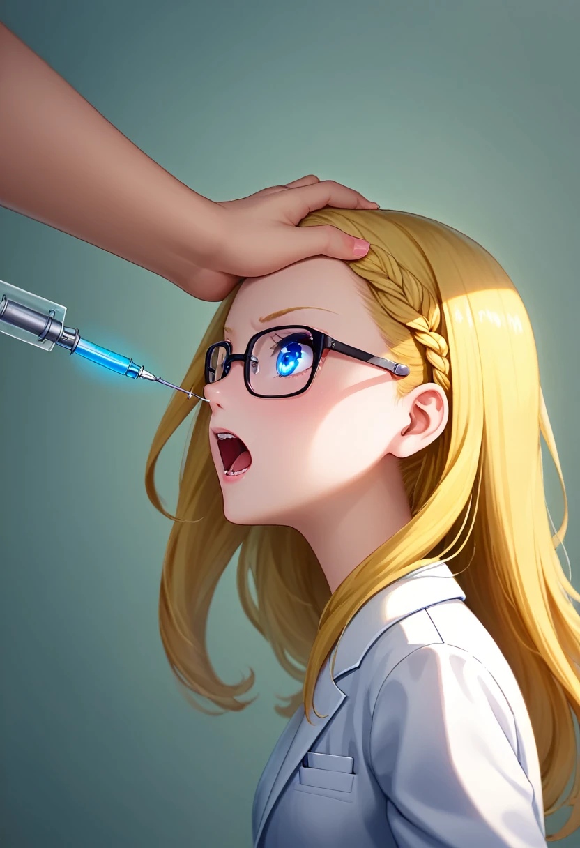 Prompt
detailed illustration, (front view), (side view),dynamic angle, ultra-detailed, illustration, clean line art, shading, anime, detailed eyes, detailed face, beautiful face, dramatic lighting, detailed illustration, dynamic angle, ultra-detailed, illustration, single woman, masterpiece, masterwork, beautiful, blue eyes
Thin, willowy, lithe, a cup breasts, narrow hips, creamy white skin, pale skin tone, blonde hair in a french braid, lab coat, glasses, professional, shy, quiet, mousy, conservatively dressed, puritanical, holding needle full of glowing liquid, submissive and breedable, young adult, youthful adult, 18 years old adult, college age, look of pain on face, yelling, grabbing head, veins bulging, transforming, (needle in arm:1.5), (giving self medication injection:1.5), need in arm
