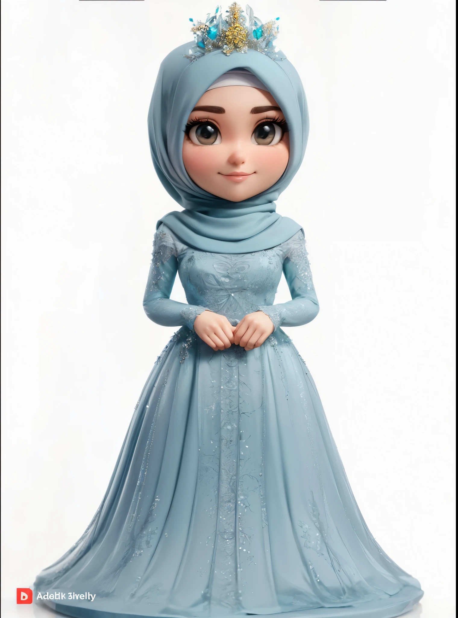 3D animated caricature image, full body, Indonesian woman, 31 years old, wearing a hijab, large head, wearing a party dress with Frozen blue color, detailed, UHD, 32k 