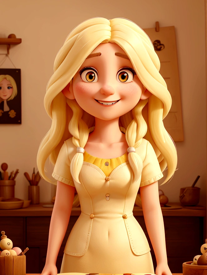 a 30-year-old woman with white skin, long yellow hair and a captivating smile, eyes browns, Round face, the setting is a studio with balls of thread and needles