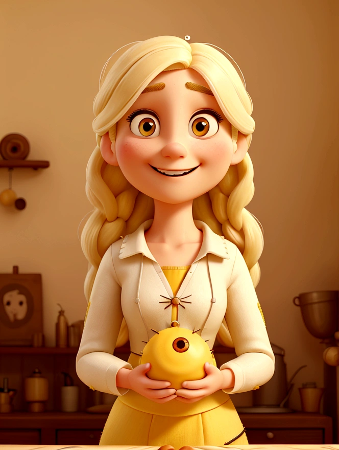 a 30-year-old woman with white skin, long yellow hair and a captivating smile, eyes browns, Round face, the setting is a studio with balls of thread and needles