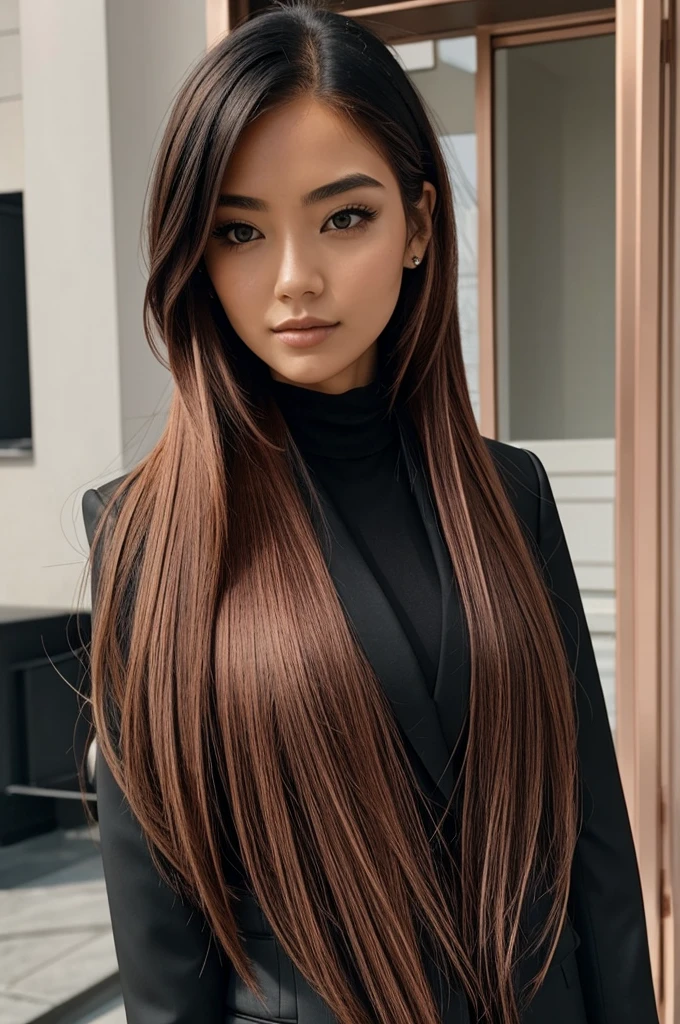 Girl with long rose gold hair and black suit