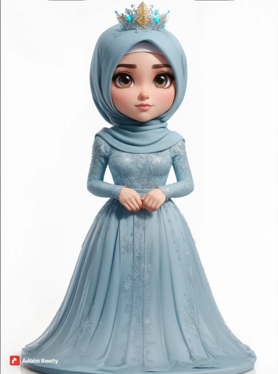 3D animated caricature image, full body, Indonesian woman, 31 years old, wearing a hijab, large head, wearing a party dress with Frozen blue color, detailed, UHD, 32k