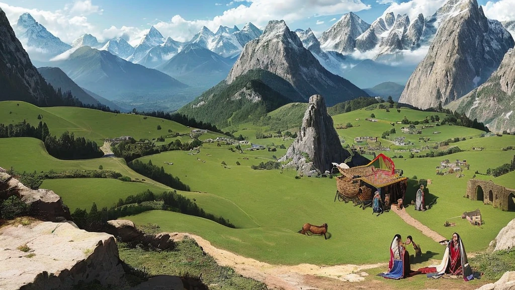 A scene depicting mountains of impossibility being removed. Jesus is shown blessing a person, making them the head and not the tail, blessing them in the city, in the field, with their basket, in their store, and their coming and going. The background shows a diverse landscape with mountains, a city, a field, and a store, symbolizing various blessings. The atmosphere is divine and hopeful, capturing the moment of transformation and blessing. The image is realistic and cinematic.