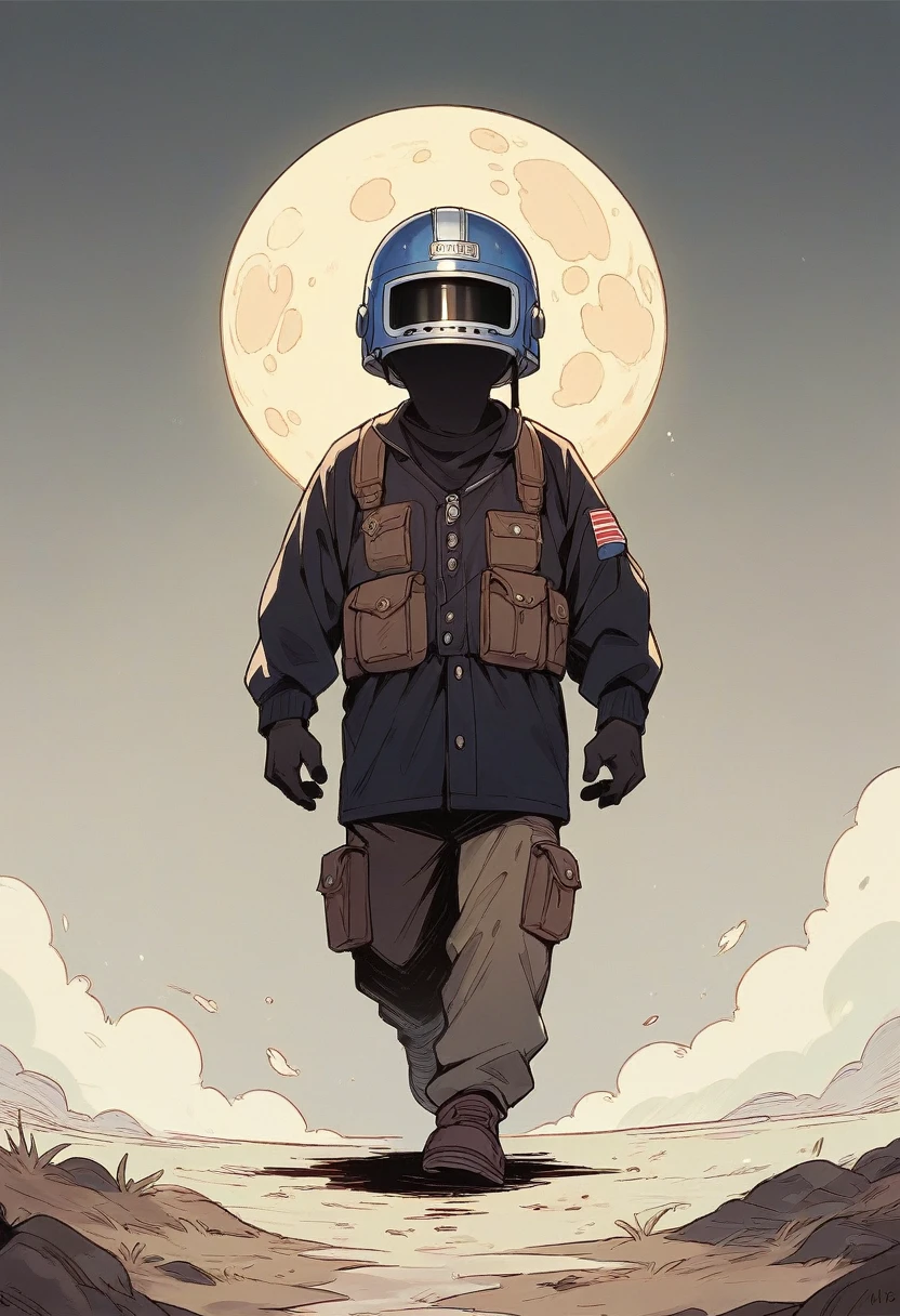 Young african American guy walking on the moon wearing daft punk helmet full body shot surrounded by black sheep
