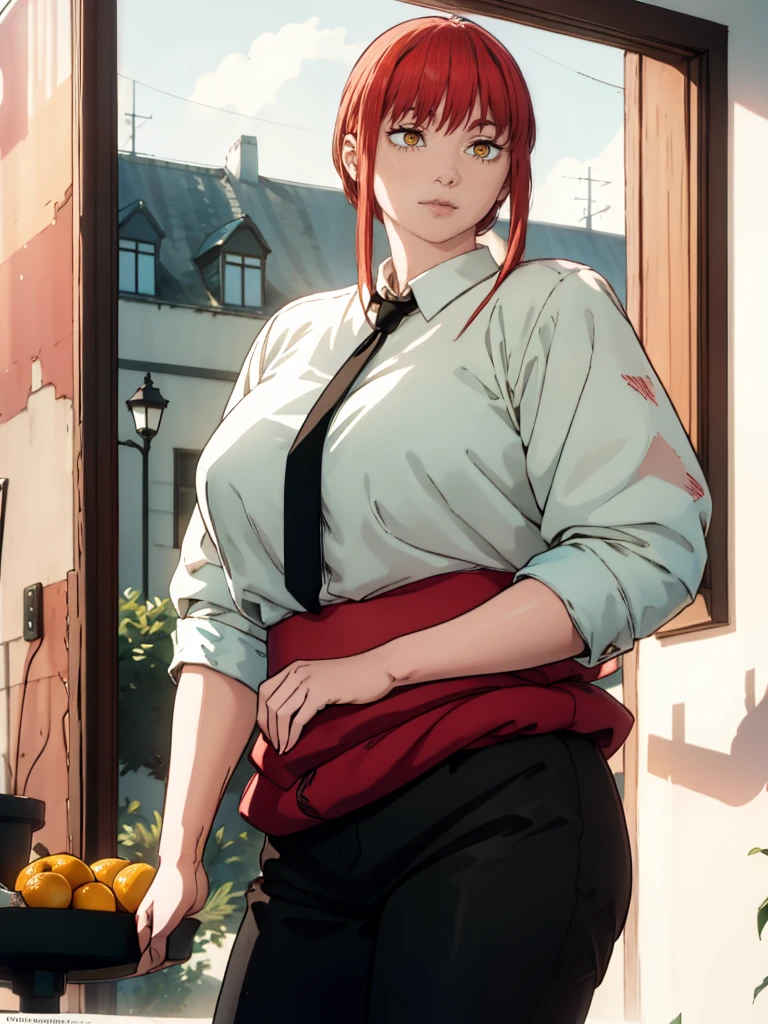 Le personnage Makima de la série animée Chainsaw Man, fragile, obésité morbide, ssbbw, pleine longueur (corps entier 1.1.), fond sombre, obscurité, anatomie correcte 1.1, anatomie correcte de la main, Très féminin, corps gras et rond, grosses Jambes, fesses, beau corps obèse, ventre rond et mou très gras, cheveux roux, Yeux oranges, Cercles rouges pour les écoliers, chemise blanche, jupe noire, cravate noire, pose sexy, réaliste, very détaillé, beau corps, détaillé body, détaillé hands, détaillé, vibrant, détaillé Face, Conception des personnages de Makima. very détaillé, détaillé body, détaillé hands, détaillé Face, Art animé, Hugh Détails, Visage très abattu, détaillé eyes, Illustration ultra fine, Meilleure ombre, détail fin, beautiful détaillé glow, beautiful détaillé, Extraordinairement beau, extremely détaillé, inexpressif, composition épique, Style animé. art animé, Style animé. Jupe noire, chemise blanche, cravatte, pose sexy, yeux jaunes