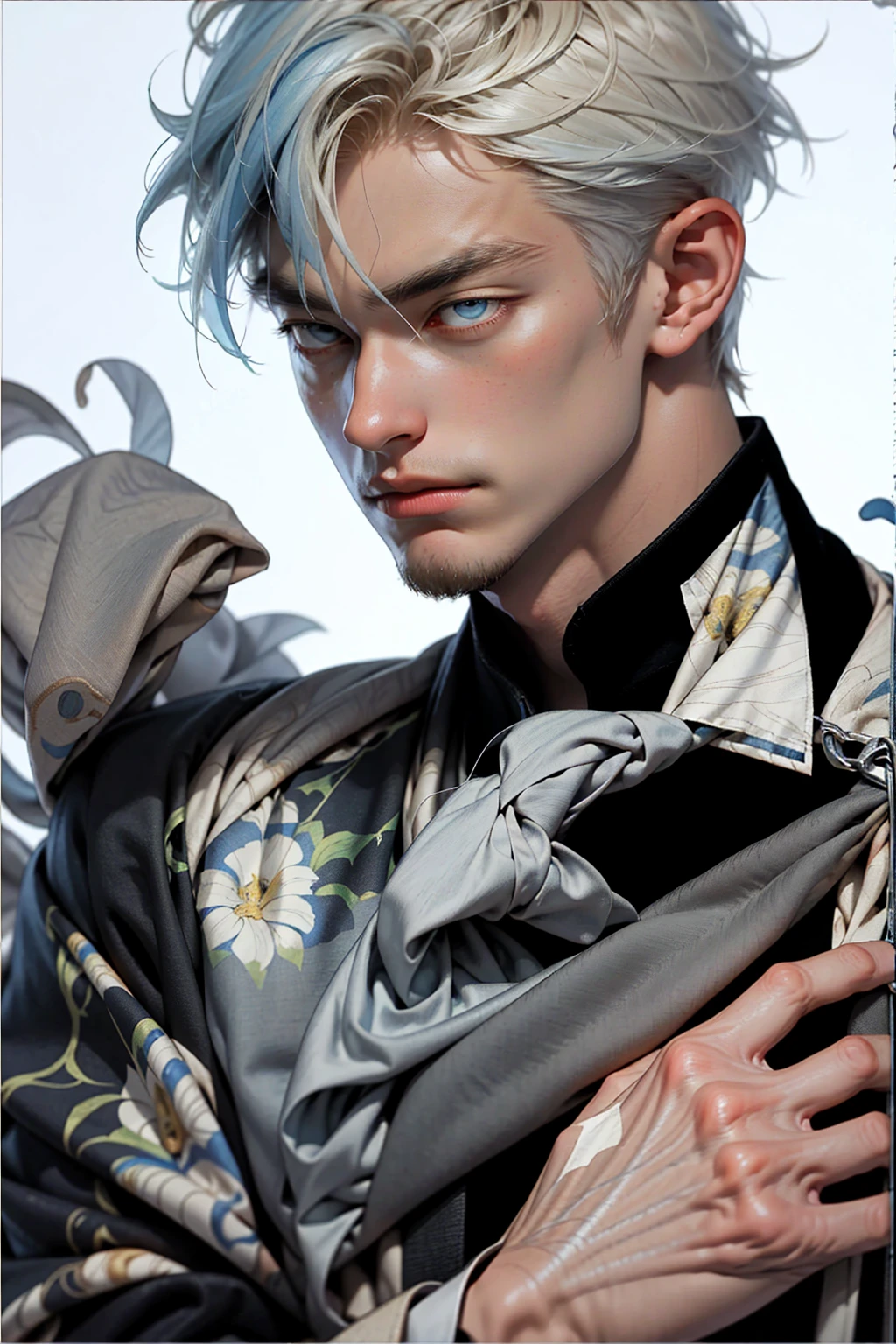 realist，（masterpiece，Alibaba quality，best quality，official art，beauty：1.2），He spoke in great detail，Fractal art，color，More detail，tangled，（Abstract Background：1.5）（1：1.3），Kamiaki，light blue hair，Short hair details，（Clear and bright eyes, Chest muscles，Abistis，(magic)，Handsome man