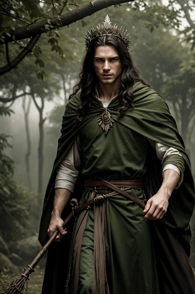 a man with pale skin and long dark hair, falling in messy strands. His piercing green eyes reflect wisdom and pain.. Wear simple, worn clothes, with a dark cloak that waves in the wind. In one hand he carries a staff adorned with esoteric symbols., and in the other, a small leather bag with jars and herbs.
A bow hangs over their backs, and his head is crowned with a crown made of leaves, evoking both nature and its role in the cycle of life and death.