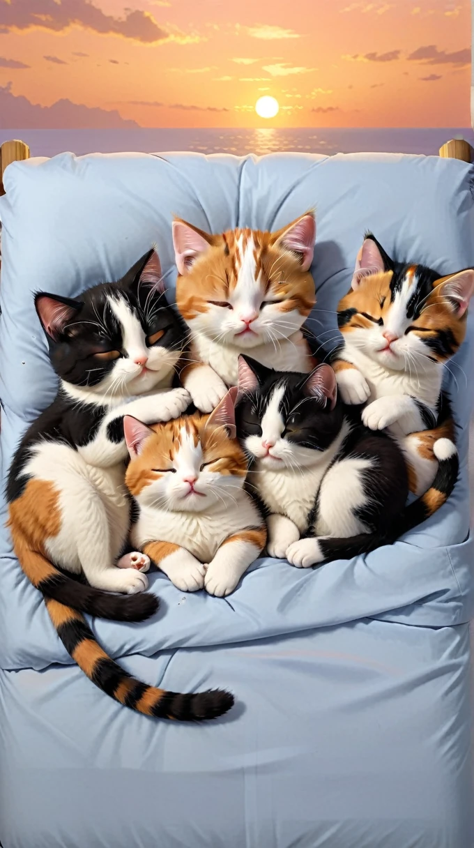 With the sunset in the background,(masterpiece:1.2, high quality), Five calico kittens sleeping together in bed、