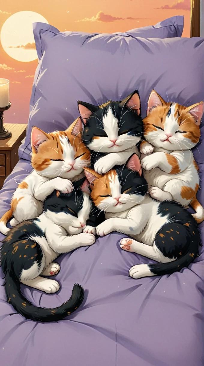 With the sunset in the background,(masterpiece:1.2, high quality), Five calico kittens sleeping together in bed、