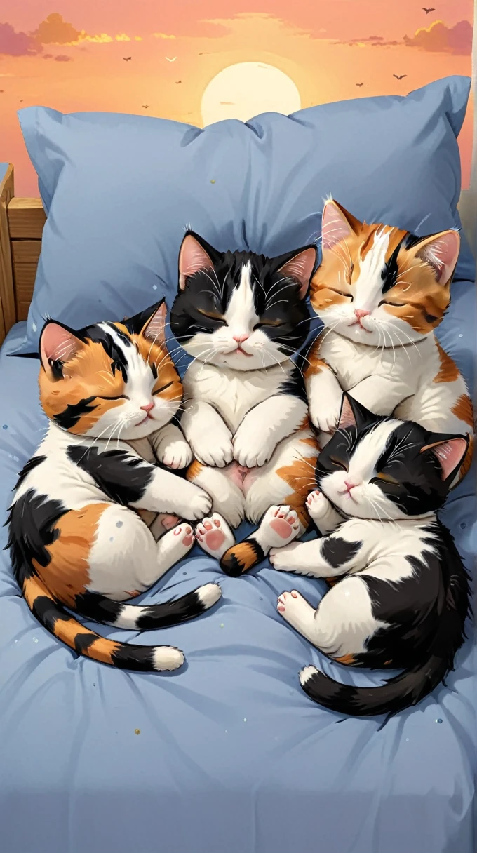 With the sunset in the background,(masterpiece:1.2, high quality), Five calico kittens sleeping together in bed、