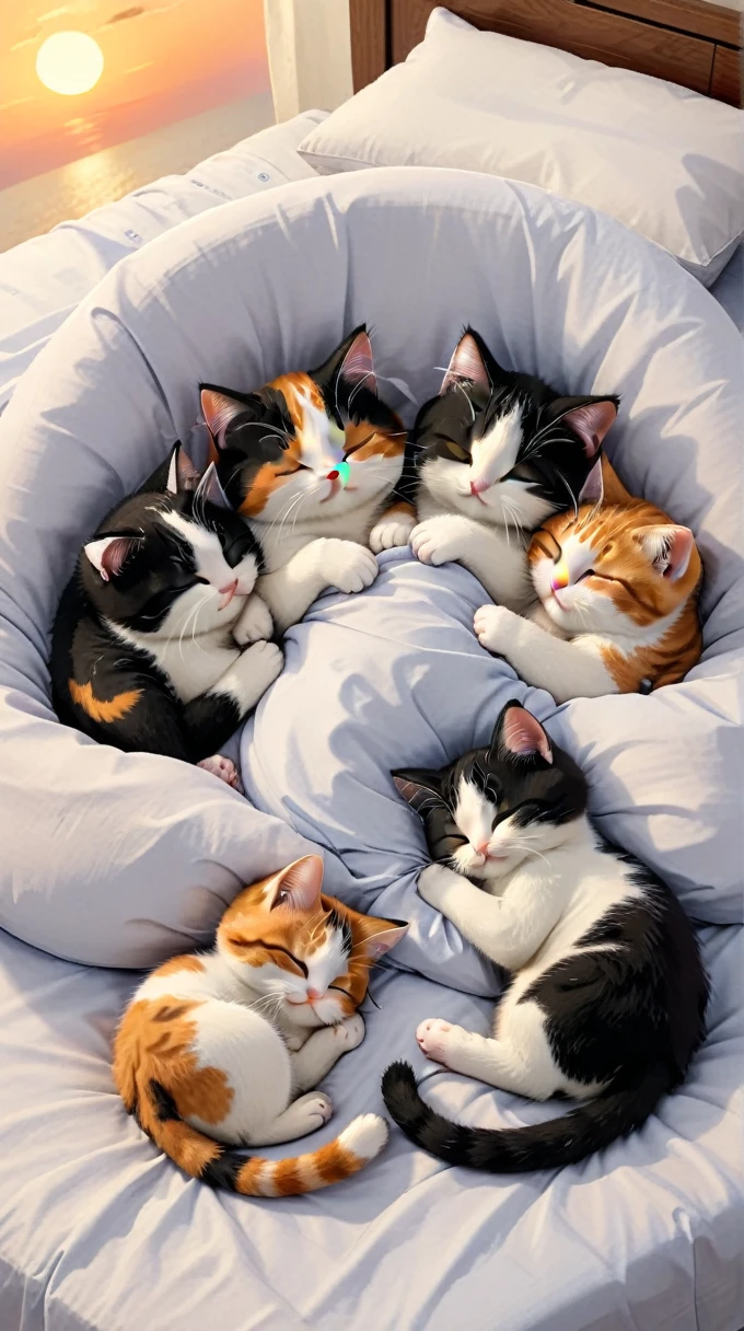 With the sunset in the background,(masterpiece:1.2, high quality), Five calico kittens sleeping together in bed、