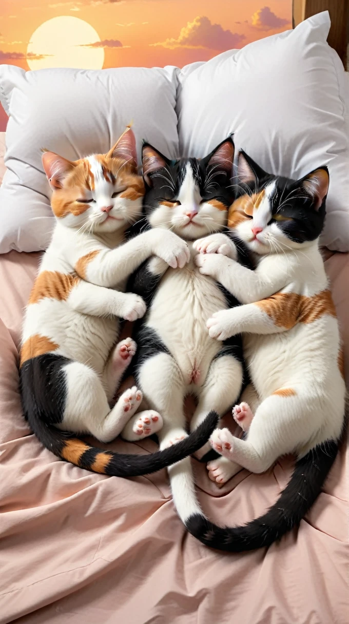 With the sunset in the background,(masterpiece:1.2, high quality), Five calico kittens sleeping together in bed、