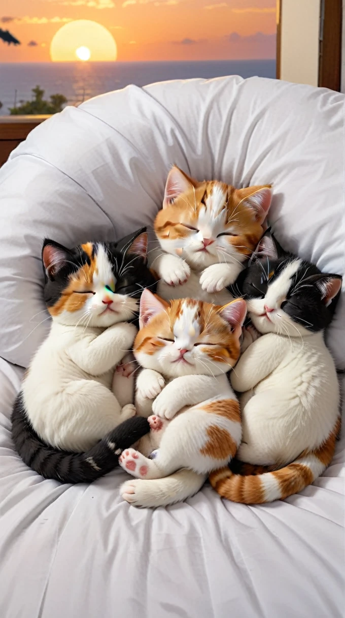 With the sunset in the background,(masterpiece:1.2, high quality), Five calico kittens sleeping together in bed、