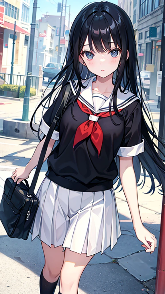 long black hair with bangs, school clothes, preppy