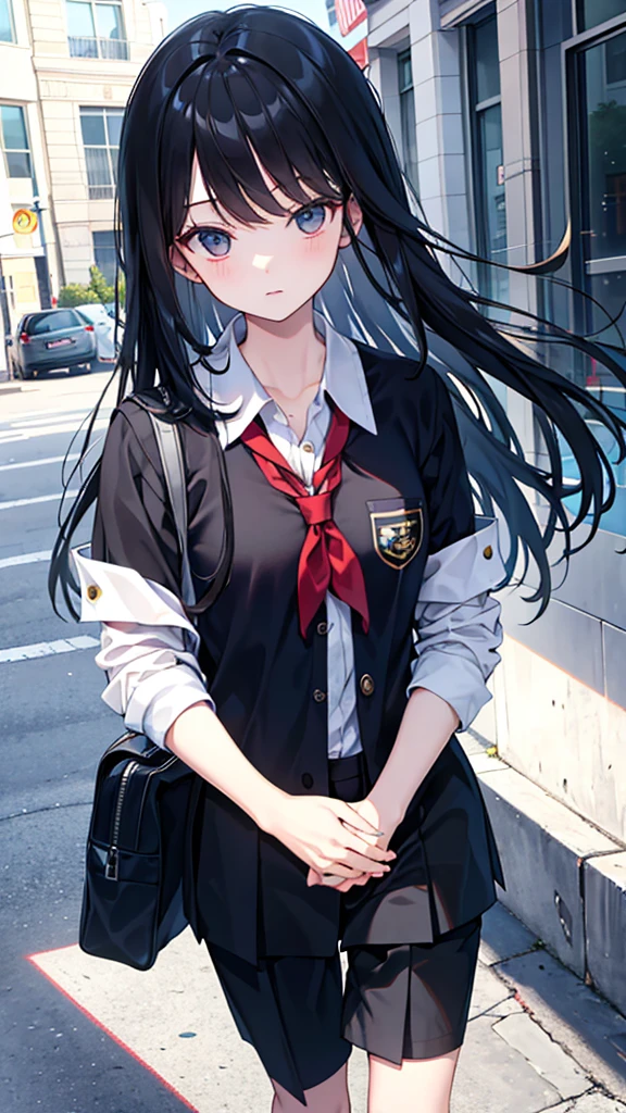 long black hair with bangs, school clothes, preppy