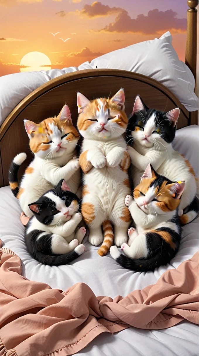 With the sunset in the background,(masterpiece:1.2, high quality), Five calico kittens sleeping together in bed、