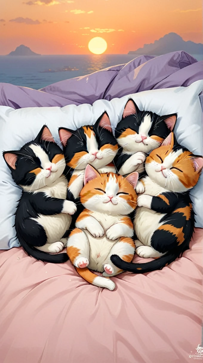 With the sunset in the background,(masterpiece:1.2, high quality), Five calico kittens sleeping together in bed、