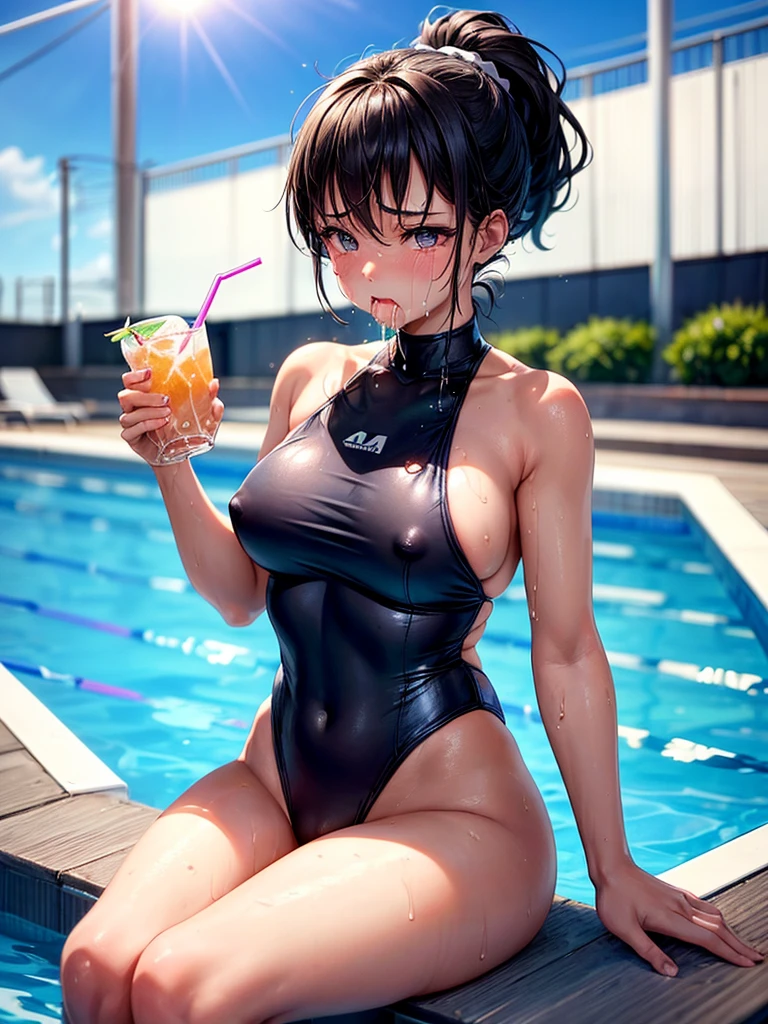 Highest quality,Highest Resolution,A beautiful girl in a leotard swimsuit with a crying face,Poolside at the competition pool,Black hair ponytail,Very beautiful eyes,(((Drink a drink))),Sweat profusely,Tears,(((Open your mouth wide and drool))),Transparent nipples,whole body,Super High Leg,