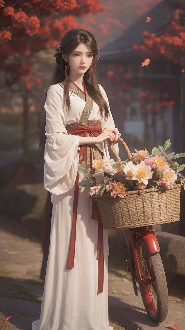 1girl, beautiful girl with long brown hair,Smiling sweetly, cheerfully, a girl wearing a hanfu, a girl standing under the moonlight with glowing butterflies surrounding her,The girl is holding a plain paper umbrella,The beautiful girl was so elegant and enchanting, flower petals fell around the girl, beautiful, magical, romantic 