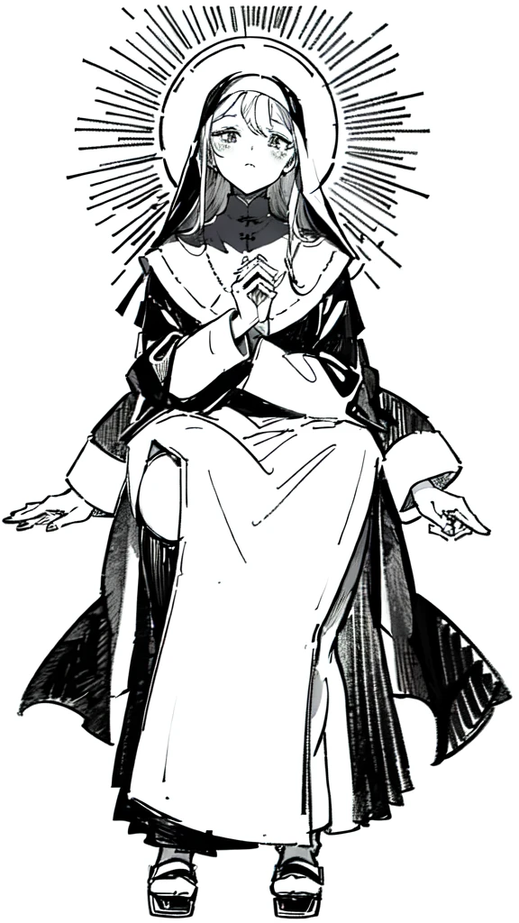 lineart, monochrome, a drawing of a nun with her hands folded in prayer, clean anime outlines, perfect lineart, clean lineart, extremely fine ink lineart, nun outfit, simple lineart, beautiful line art, anime style drawing, thick black lineart, black and white manga style, pin on anime