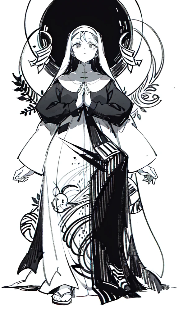 lineart, monochrome, a drawing of a nun with her hands folded in prayer, clean anime outlines, perfect lineart, clean lineart, extremely fine ink lineart, nun outfit, simple lineart, beautiful line art, anime style drawing, thick black lineart, black and white manga style, pin on anime