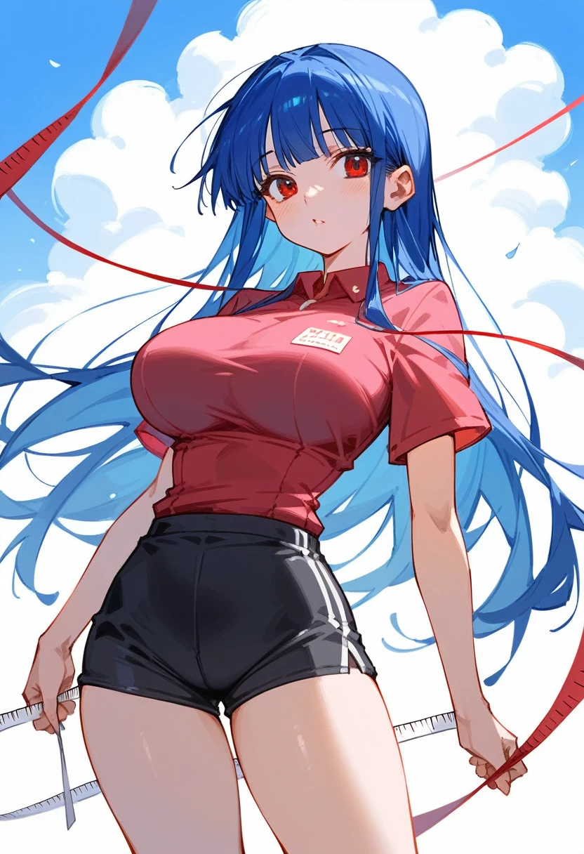 My name is Yukiko.I am a white test woman with long Sky blue hair,red eye color.I am 1.62 cm tall . My breasts measure 300 cm, my waist 40 cm and my hips 200 cm. Dressed in a tight low-cut pink blouse along with short black shorts . With big breasts 300 cm