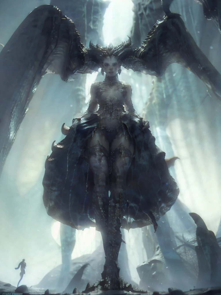 a fantasy image, a cave full of bones and a throne of skulls, it should show a thin moonlight, in the center of the image there should be a woman with bat wings and horns, the bottom should be rocky with an opening at the top of the cave.