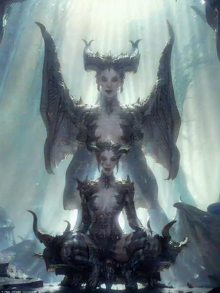 a fantasy image, a cave full of bones and a throne of skulls, it should show a thin moonlight, in the center of the image there should be a woman with bat wings and horns, the bottom should be rocky with an opening at the top of the cave.