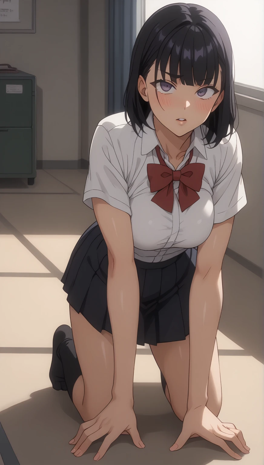 blush,parted lips,
solo,
MisaoTakamine,1girl,black hair,middle hair,purple eyes,
school_uniform,white shirt,red bowtie,short_sleeves,
pleated_skirt,black skirt,
black socks,
full body,all fours,