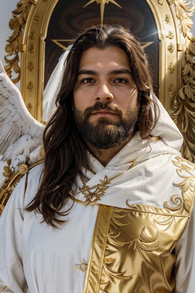 scenario: The top of Mount Olympus, shrouded in golden clouds and sunbeams streaming through.
charachter: Zeus, the king of the gods, imposing and majestic appearance.
tenue: He is dressed in a bright white robe., adorned with golden details that sparkle like lightning.
detaileds: His face is marked by a thick beard and long hair., both white as snow. Your eyes are deep and radiant, reflecting wisdom and supreme power.
enviroment: Around her, thunder rolls softly, echoing your divine presence. Golden eagles fly around you, symbolizing his dominance over the heavens.