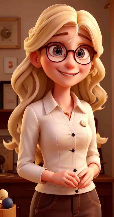 a 30-year-old woman with white skin, long hair with blonde highlights and a captivating smile, eyes browns , Round face, with glasses and the setting is a studio with balls of thread and needles