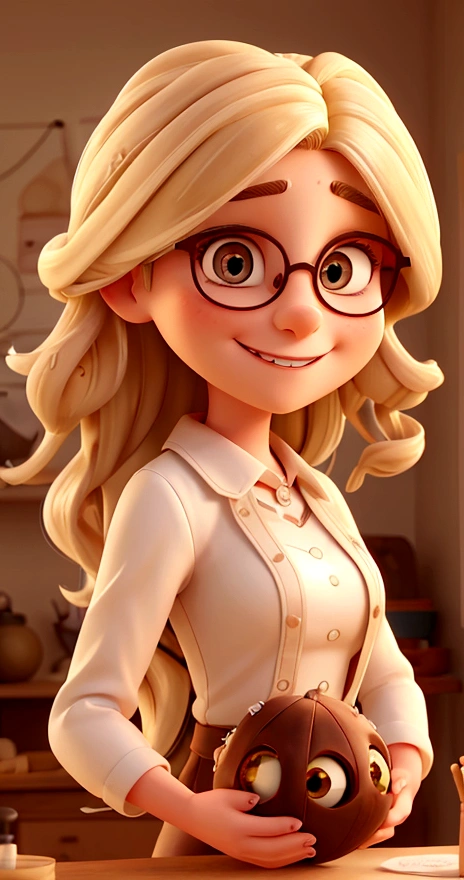 a 30-year-old woman with white skin, long hair with blonde highlights and a captivating smile, eyes browns , Round face, with glasses and the setting is a studio with balls of thread and needles